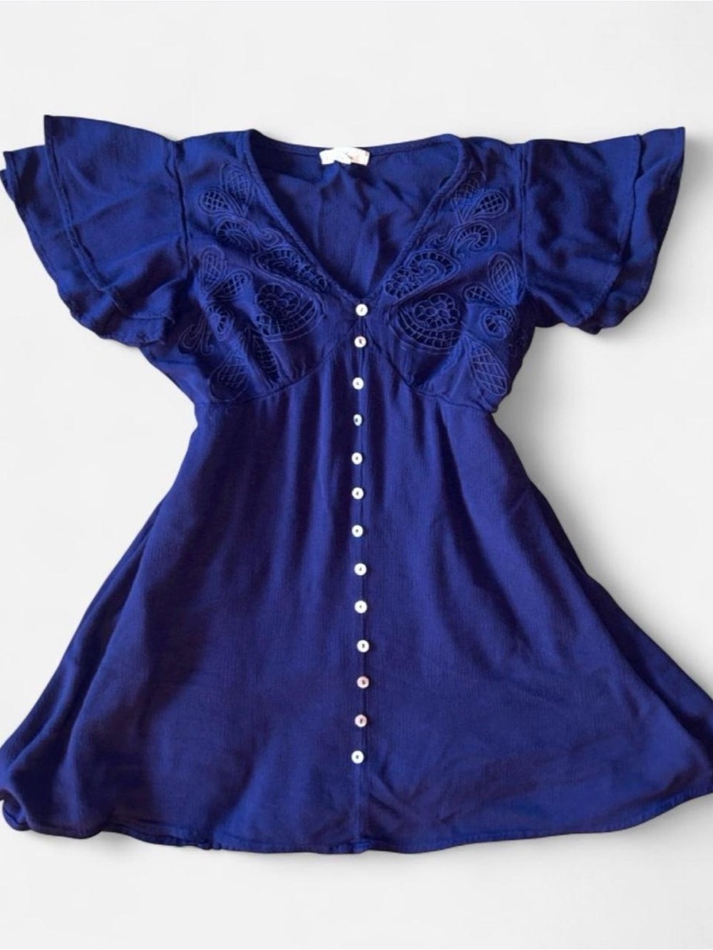 Chelsea & Violet Blue Embroidered Mini Dress Small Boho Fairycore Flutter Sleeve